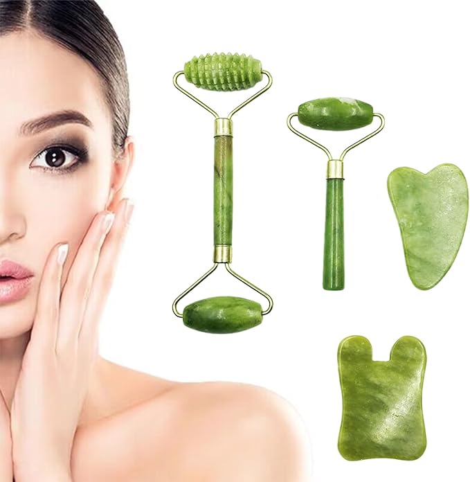 Bibabala 4-PCS Face Roller and Gua Sha Set, Skin Care Roller, Jade Roller Set, Face Stone Facial Roller Massage Tool for Face Eyes Neck Body, Smooth Wrinkles & Eye Puffiness(Green)