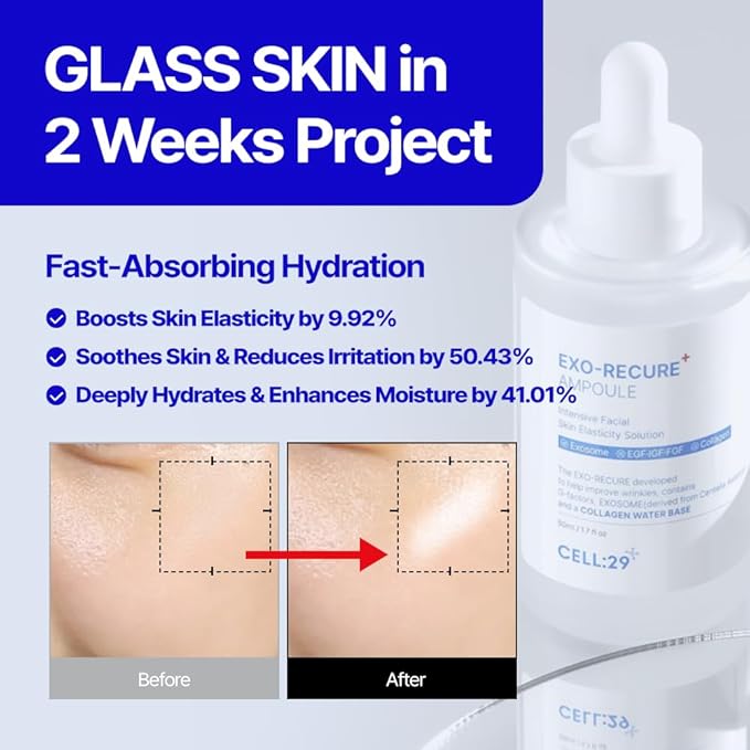 Exo-Recure Ampoule Exosome 10,000 PPM Collagen Water Fast Absorption Deep Hydration Rejuvenation Anti-Aging Glass Skin Pore Minimizer Skin Barrier KOREAN SKINCARE 50ml 1.71 Fl.Oz