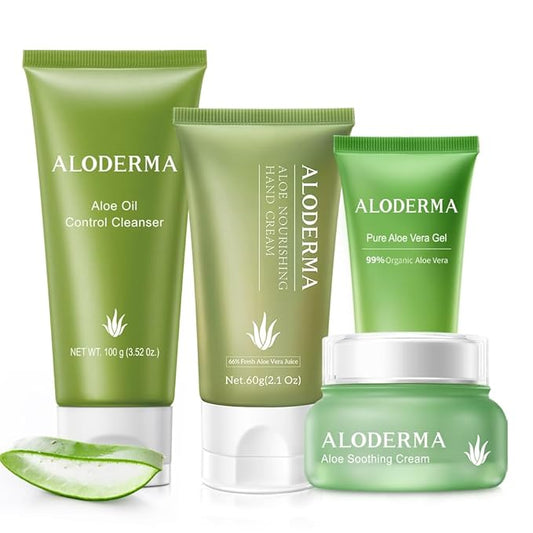 Aloderma Travel Size Soothing Set - 4 Pieces - Cleanser, Cream, Hand Cream, Aloe Vera Gel