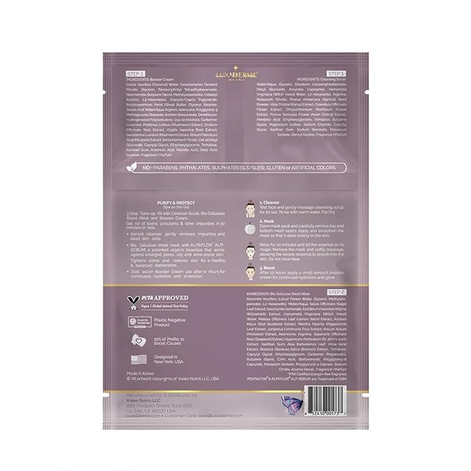 LuxaDerme Purify & Protect 3 Step Tune-Up Kit - Cleansing Scrub, Bio Cellulose Sheet Mask, Booster Cream (Pack of 2)