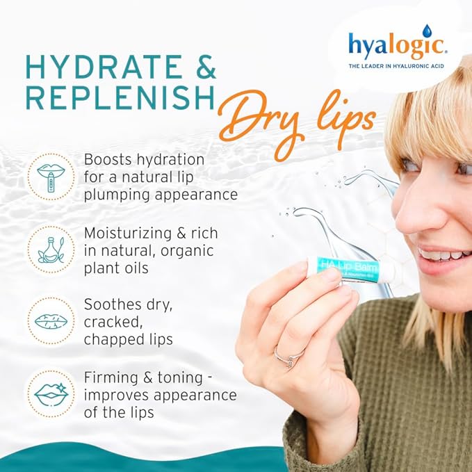 Hyalogic HA Lip Balm - Hyaluronic Acid & Organic, Natural Coconut Oil - Soothes Dry, Chapped Lips - Plumping, Moisturizing & Nourishing - Unflavored - Fragrance & Dye Free - 4.25g - 18 Sticks