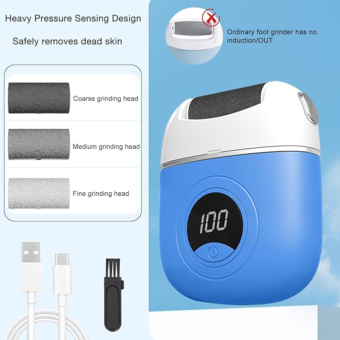 Electric Foot Callus Remover, 2024 New USB Rechargeable Foot Repair and Grinding Device, Heel Polisher Digital Display, Electric Foot Exfoliating Scrubber with 3 Grinding Heads 2 Speeds (Blue)
