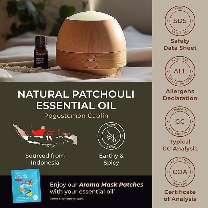 Gya Labs Patchouli Essential Oil for Skin & Diffsuer - 0.34 Fl Oz - 100% Pure Natural Patchouli Oil for Aromatherapy, Body, Perfume & Candle Making - Earthy & Spicy Scent