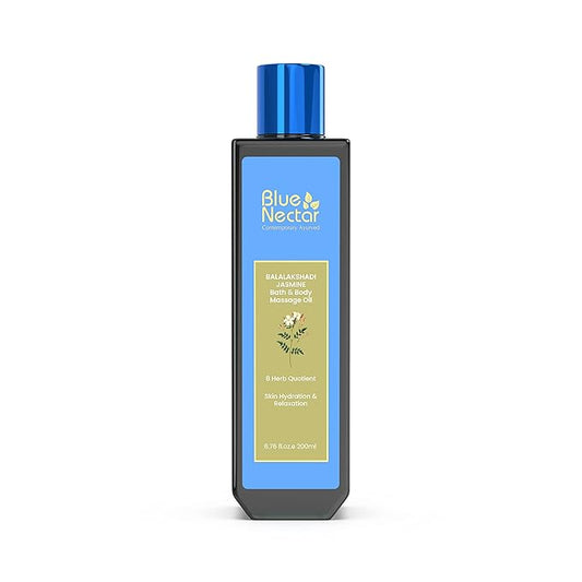Blue Nectar Sensuous Jasmine Body Massage Oil for Relaxing Massage Therapy with Essential Oils | 100% Natural Ingredients (8 Herbs, 6.76 fl oz)