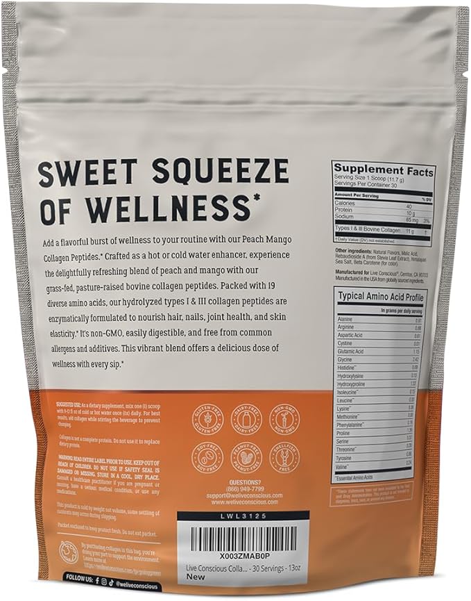 Live Conscious Collagen Peptides Powder - Peach Mango Flavored Collagen Powder - Hair, Skin, Nail, & Joint Support - Type I & III Grass-Fed Collagen Supplements for Women and Men (2-Pack)
