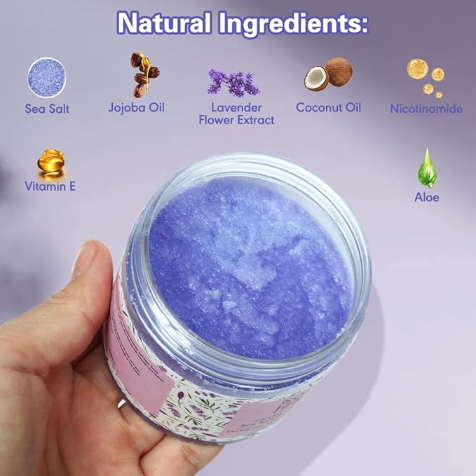 KAV Salt Body Scrub - Natural Exfoliating Salt Scrub for Body and Face, Helps with Moisturizing Skin, Dead Cell Removal, Rejuvenation and Relaxation, 4 Scents (Lavender)