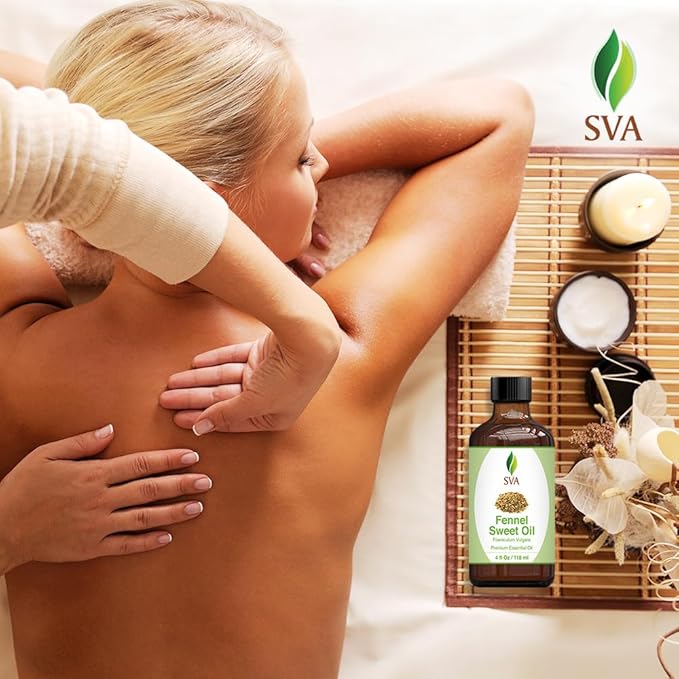 SVA Sweet Fennel Essential Oil – 4 Fl Oz – 100% Natural Fennel Oil - for Diffuser, Hair Care, Face, Skin Care, Aromatherapy, Scalp and Body Massage, Soap and Candle Making – with Dropper