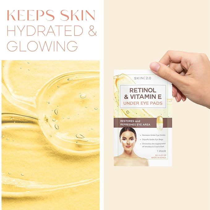Retinol & Vitamin E Under Eye Patches - Dermatologist Tested - Anti-Aging - Depuffing, Reduce Fine Lines & Wrinkles, Dark Circles - Natural Ingredients - Korean Skin Care - All Skin Types - 5 Pairs