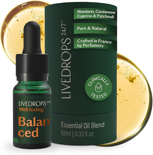 LIVEDROPS 24/7 Balanced Essential Oil Blend. Crafted in France Mandarin, Cardamon & Patchouli Pure & Natural Aromatherapy Skin Safe & Diffuser Compatible Clinically Tested