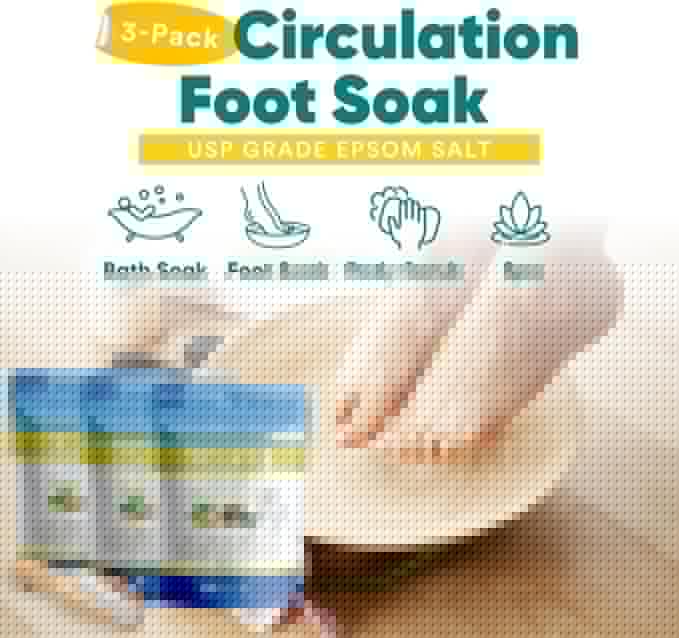Circulation Foot Soak (3-Pack with Scoop) Foot Soaking Epsom Salts with Pure Essential Oils in BPA Free Pouch with Press-Lock Seal Made in USA, Three 2-Lbs Pouches 6-Lbs Total