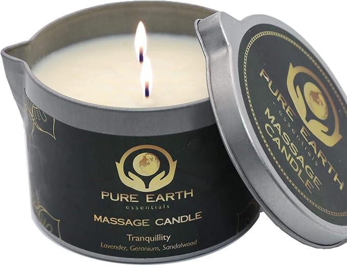 Tranquility Massage Candle - Valentines Gift, Skin Moisturizing Massage Oil Candles for Couples Date Night (160 Grams or 6 oz.) with Lavender, Geranium, Sandalwood - by PURE EARTH essentials