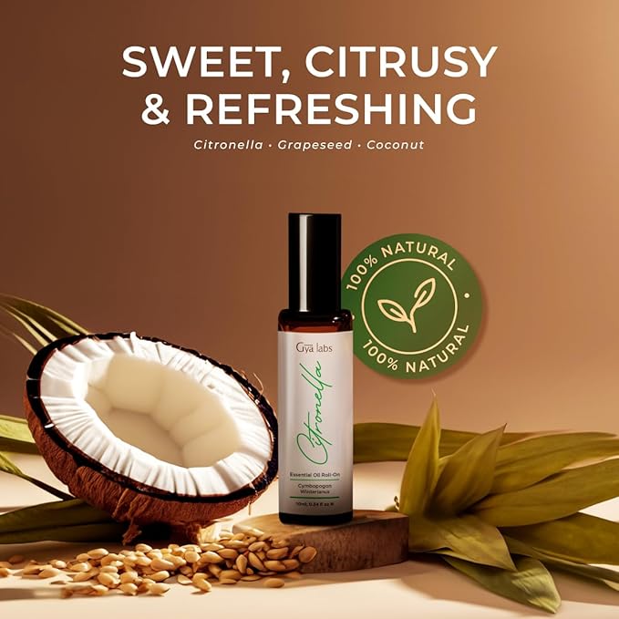 Gya Labs Citronella Essential Oil Roll on - 100% Pure Natural Citronella Oil Roller - Energizing Aromatherapy for Outdoor Protection, Travel Size (0.34 Fl Oz)