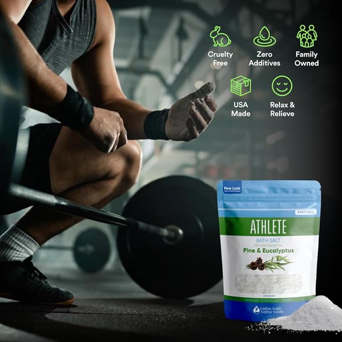 Athlete Bath Salt 32 Ounces Epsom Salt with Natural Lavender, Pine, Peppermint and Eucalyptus Essential Oils Plus Vitamin C in BPA Free Pouch with Easy Press-Lock Seal
