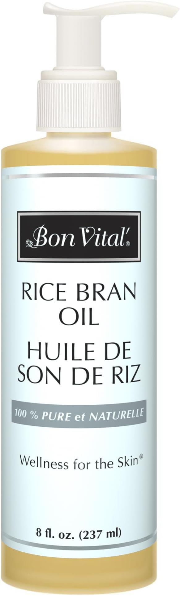 Bon Vital' Rice Bran Oil, 100% Pure and Cold Pressed Carrier Oils for Diffusers, Professional Massage Oil, Best Beauty Secret for Soft & Smooth Skin, Moisturizer, 8 Ounce Bottle