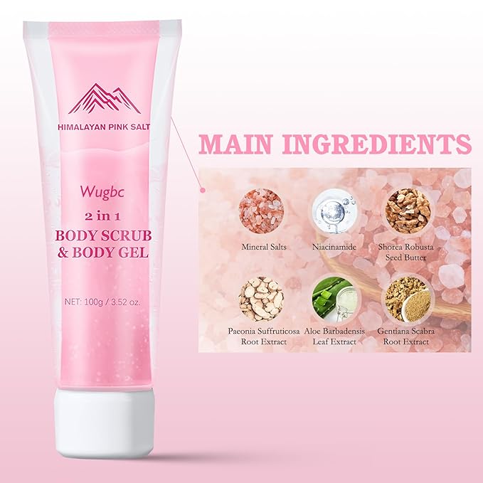 Body Scrub & Body Gel 2 in 1, Body Exfoliator Pink Frosted Salt Texture Effectively Removes Old Cuticles Clear Exfoliating Gel Deep Moisturizing Soothing Skin