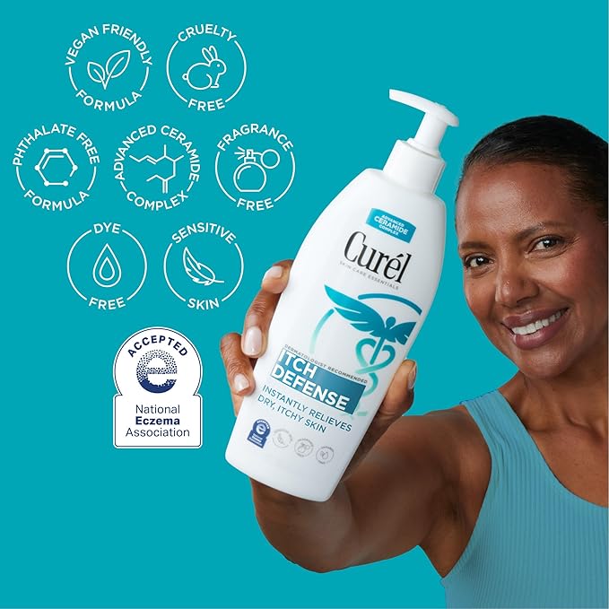 Curel Itch Defense Calming Body Lotion, Moisturizer for Dry, Itchy Skin, Body and Hand Lotion, with Advanced Ceramide Complex, Pro-Vitamin B5, Shea Butter, 13 Oz