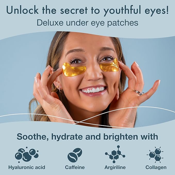 Blue Oasis Under Eye Patches for Puffy Eyes and Dark Circles - 20 Pairs Brightening 24K Gold Eye Mask, Hyaluronic Acid and Collagen Eye Care Gel Pads, Relaxing Self Care and Home Spa Gifts for Women