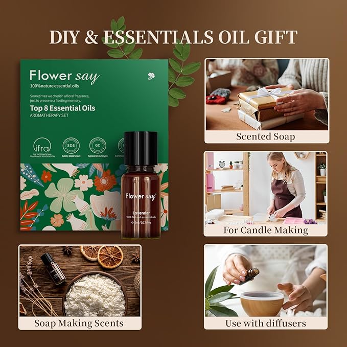 Essential Oils Set – 5 Pack – 100% Pure Aromatherapy Oils for Diffuser, Humidifier, Massage & Skin – Includes Lavender, Peppermint, Eucalyptus, Lemongrass, Orange – Gift Set for Women & Men