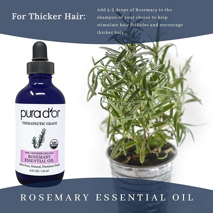 PURA D'OR Organic Rosemary Essential Oil, 4oz, Therapeutic Grade, for Hair, Body, Skin, Aromatherapy, Relaxation, Massage, Mood, Relief, Home, DIY Soap
