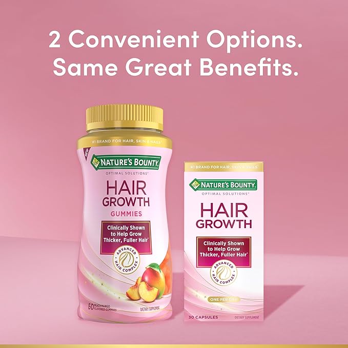 Nature's Bounty Hair Growth Gummies for Supporting Thicker, Fuller Hair with Biotin, Silicon & Arginine, Peach Mango Flavor – Gluten Free, Contains No Lactose, Sodium or Fish, 60 Count/30 Servings