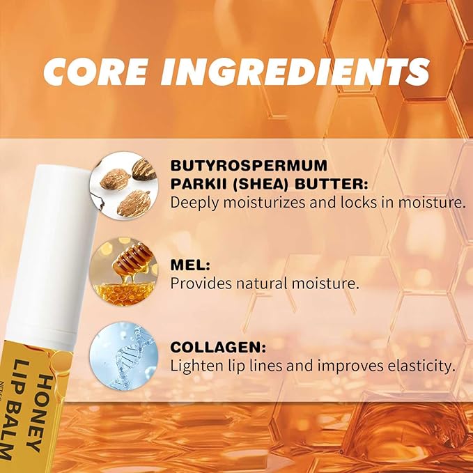 Honey Lip Balm,Organic Chapstick Lip Moisturizer,Hydrating for Dry & Chapped Lips with Collagen, Long-Lasting Moisturizing Daily Overnight Lip Mask,0.17 oz