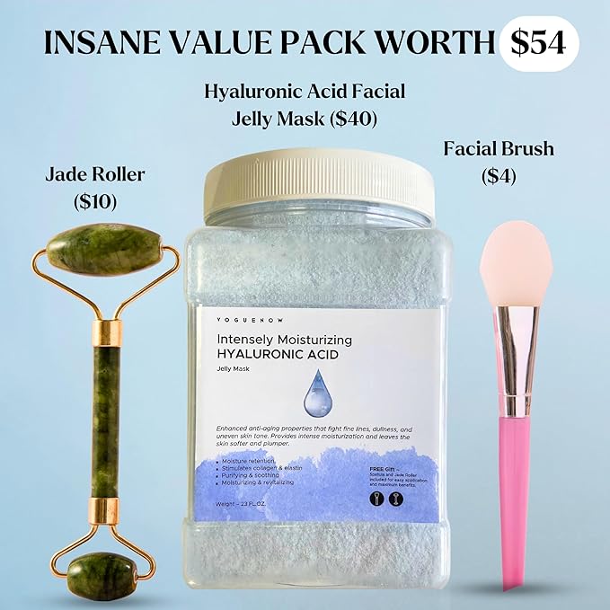 Jelly Face Mask for Facials - Hyaluronic Acid Hydrating, Brightening & Nourishing Jelly Mask with Free Jade Roller & Spatula | Professional Hydrojelly Masks | Vajacial Jelly Mask Powder | 23 Oz Jar