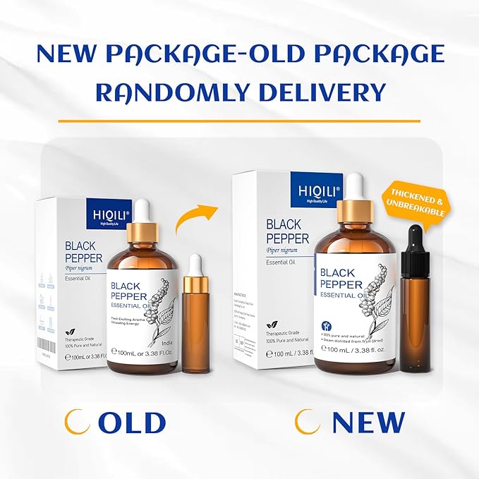 HIQILI Black Pepper Essential Oil for Aromatherapy & Diffuser - Natural Spicy & Warming Scent - Therapeutic Grade - 3.38 Fl Oz