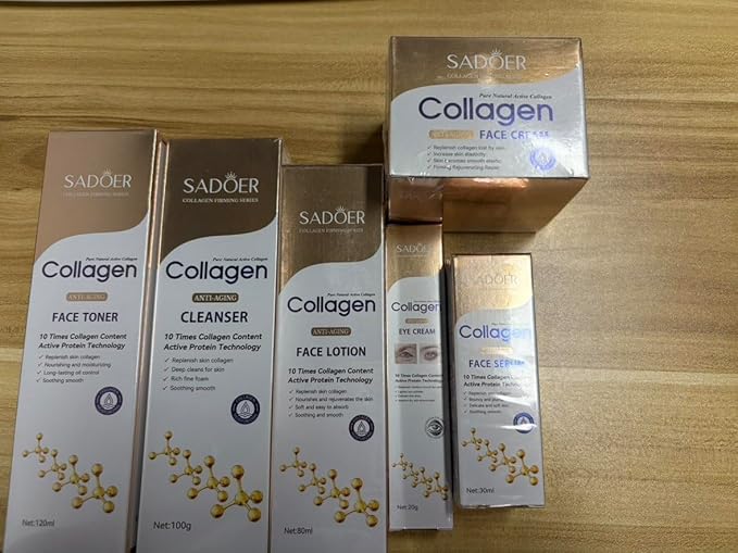 Collagen Skin Care Set, Anti Aging Skincare Set for Face, Shrink Pores, Hydrate & Firm Skin, 6 Pcs Individually Packaged Skincare Kits for Women with Cleanser, Toner, Lotion, Serum, Cream, Eye Cream.