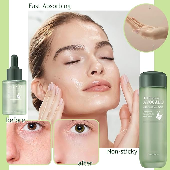 Avocado Skincare Set,Hydrating Travel Size Avocado Face Wash,Moisturizing Face Toner & Face Serum & Face Cream,Eye Cream Skin Care Gift Set for Women(9PCS)