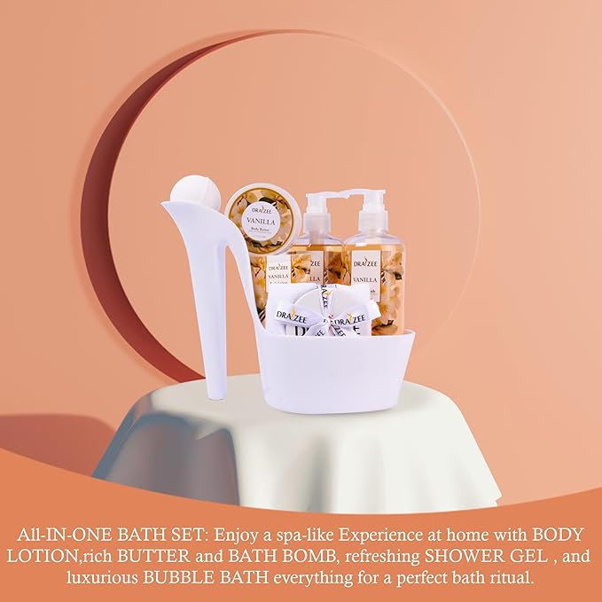 Draizee Mothers Day Gifts for Mom - Spa Gift Baskets for Women - 8 Pcs Luxury Vanilla Scented Heel Shoe Design Bath and Body Spa Set-Self Care Package for Women, Presents for Mom-Body Care Set for Her