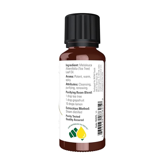 NOW Essential Oils, Tea Tree Oil, Cleansing Aromatherapy Scent, Steam Distilled, 100% Pure, Vegan, Child Resistant Cap, 1-Ounce