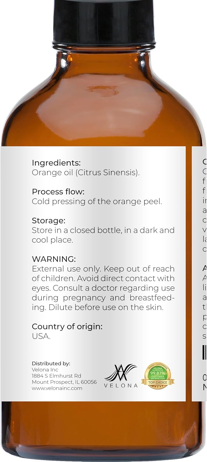 Orange Essential Oil by Velona - 4 Fl Oz | Therapeutic Grade 100% Pure and Natural | for Aromatherapy Diffuser, Massage, Skincare, Haircare, Soapmaking | Undiluted in Glass Bottle