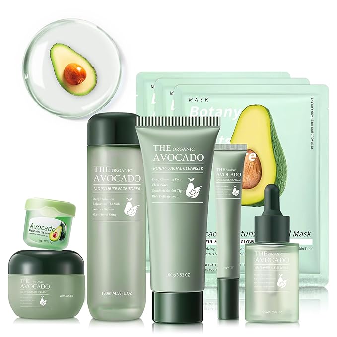Avocado Skin Care Set, 9-In-1 Travel Skincare Kits for Hydrating & Soothing Skin, Daily Care Routine Kit with Avocado, Anti Aging Facial Kit for Women, Reduces Acne, Fine Lines & Wrinkles.