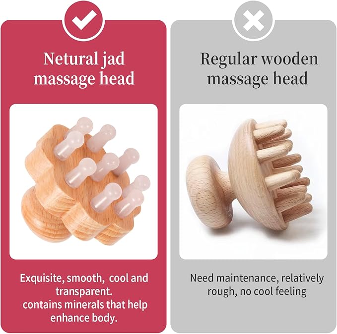 Natual Jade Massage Head, with Wooden Hander Comb,for Scalp Massager, Head Ficial, Body Acupressure Tool,gua sha Scraping, Relieve Fatigue,Stress Relax Device,for Hair Growth (Pink)