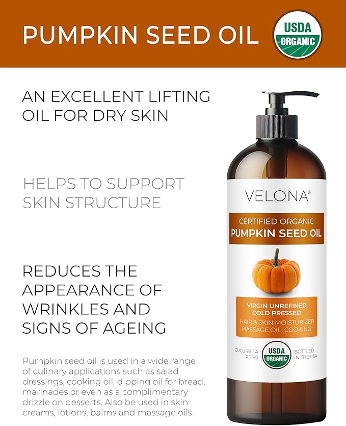 velona Pumpkin Seed Oil USDA Certified Organic - 16 Fl Oz | 100% Pure and Natural Carrier Oil | Unrefined, Cold Pressed | Cooking, Face, Hair, Body & Skin Care | Use Today - Enjoy Result