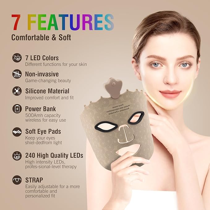 7 Color LED Face Mask Light Therapy, Red Light Therapy Mask for Face for Anti Aging Wrinkles, Silicone Red Light Mask Skin Care at Home with Eye Protection Cushion