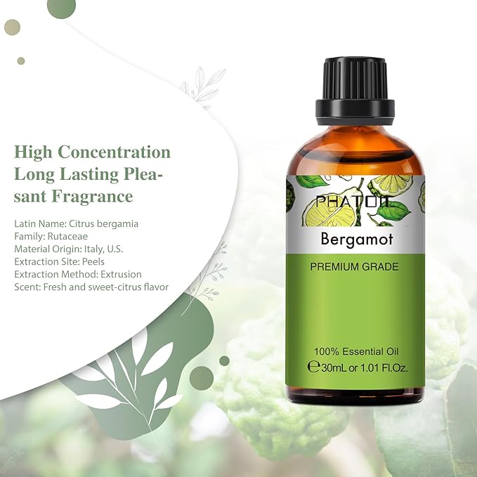 Bergamot Essential Oil 1.01fl.oz/30ml, PHATOIL Bergamot Oils Long Lasting Scents for Aromatherapy, Diffuser, DIY Soap and Candle Making