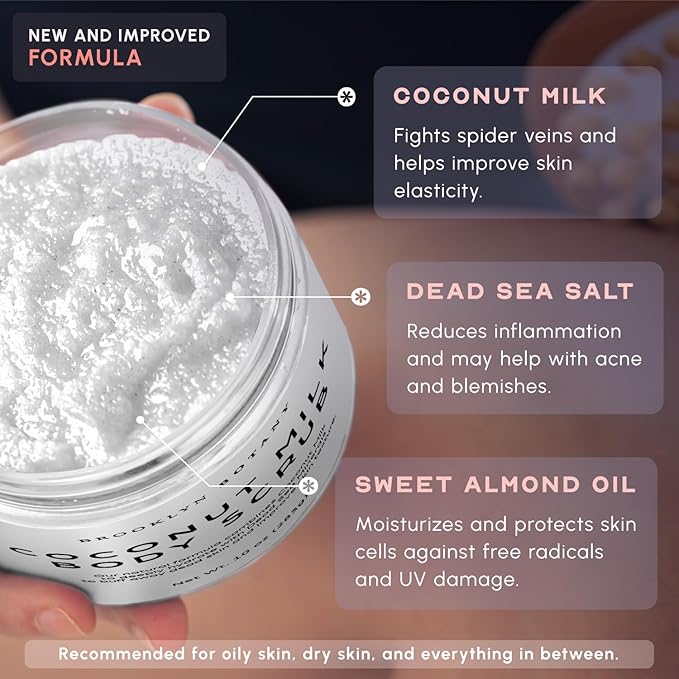 Brooklyn Botany Dead Sea Salt and Coconut Milk Body Scrub - Moisturizing and Exfoliating Body, Face, Hand, Foot Scrub - Fights Stretch Marks, Fine Lines, Wrinkles - Great Gifts for Women & Men - 10 oz