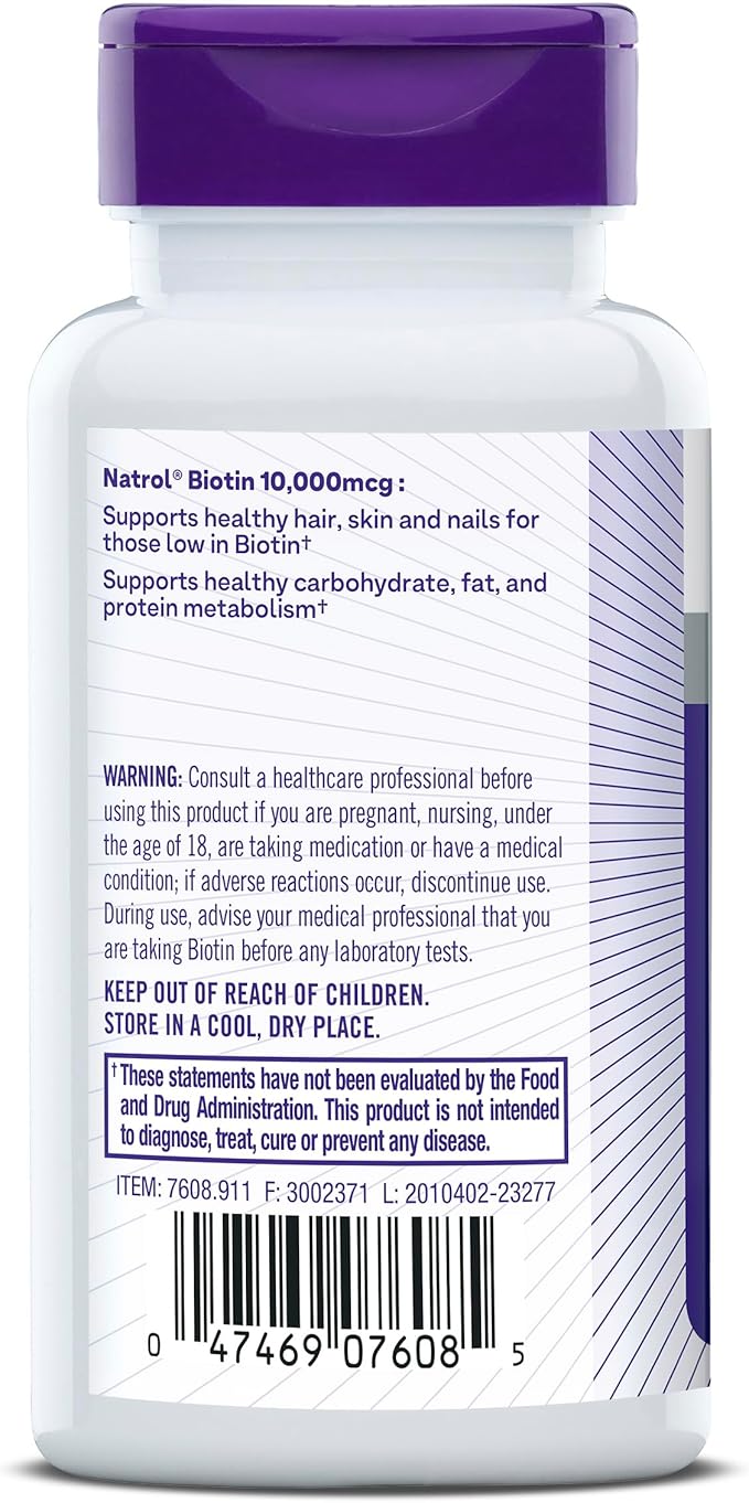 Natrol Biotin 10000mcg, Supplement for Healthy Hair, Skin and Nails for Those Low in Biotin, Plus Energy Metabolism Support, 200 Tablets, Up to a 200 Day Supply