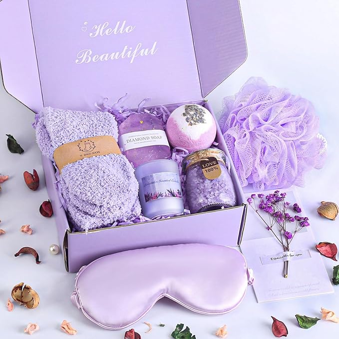 Relaxing Spa Kit Gift Basket Set - Birthday Gifts for Women - Gift for Wife, Mom, Sister, Girlfriend, Friends (Purple)