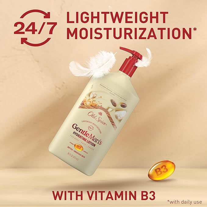 Old Spice Hand, Face & Body Lotion for Men, 24/7 Lightweight Moisturization with Vitamin B3, Instant Absorption, For All Skin Types, Brown Sugar + Cocoa Butter Scent, 16 oz