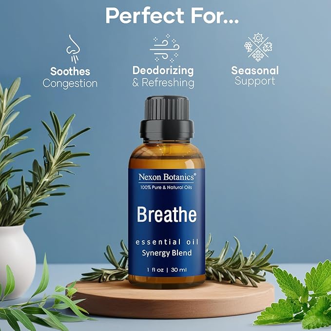 Breathe Essential Oil Blend 30 ml - Breath Sinus Relief with Menthol Oils - for Humidifiers, Diffusers, and Aromatherapy - Nexon Botanics
