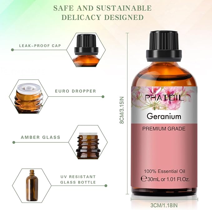 Geranium Essential Oil 1.01fl.oz/30ml, PHATOIL Premium Geranium Oils Long Lasting Scents for Aromatherapy, Diffuser, DIY Soap and Candle Making