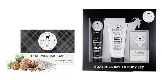 Dionis Goat Milk Men's Skincare Bundle – Cedarwood & Sea Salt Scented Bar Soap (6 oz) & Unscented 3pc Bath & Body Set with Moisturizer, Shave Butter & Soap – Hydrating, Gentle, Cruelty-Free