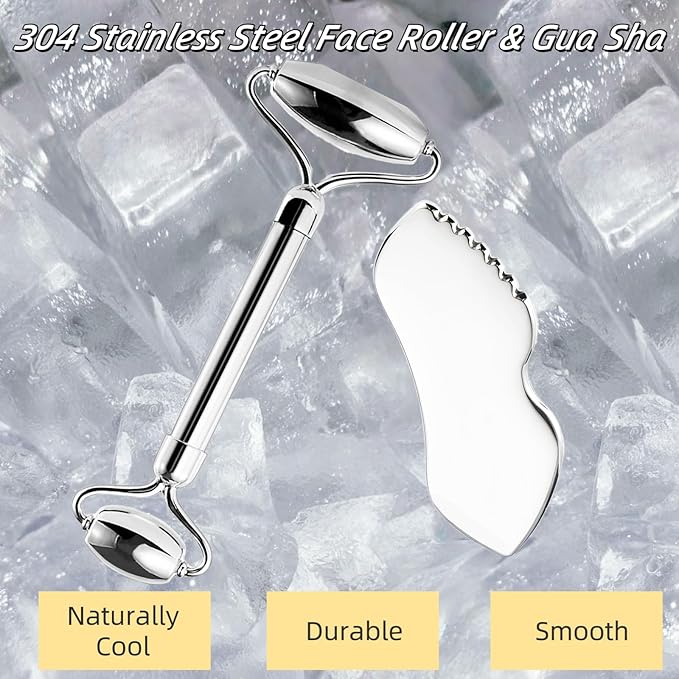 Face Roller & Gua Sha Tool, Stainless Steel Facial Roller and Guasha Tools Skin Care Roller for Wrinkles and Lifting, Improve Puffiness, Metal Face Massager for Eyes, Neck Tighten(2 Pack