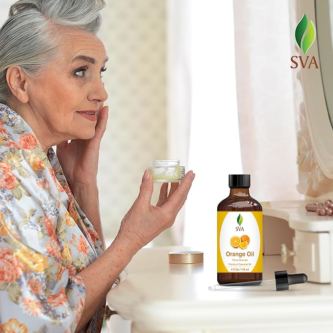 SVA Orange Essential Oil – 4 Fl Oz – 100% Natural Orange Oil - for Diffuser, Hair Care, Face, Skin Care, Aromatherapy, Scalp and Body Massage, Soap and Candle Making - with Dropper
