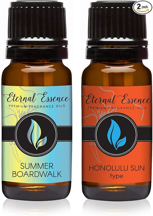Eternal Essence Oils 2 Pack 10ml Premium Fragrance Oil - Summer Boardwalk & Honolulu Sun - for Candle, Soap Making, Aromatherapy, Diffusers, Home Care, & Humidifiers