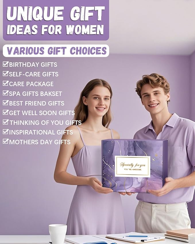 Spa Gift Baskets for Women - 11-Piece Self Care Kit with Soy Candle, Bath Salts, Purple Blanket, Insulated Tumbler, Eye Mask & More – Unique Mothers Day, Birthday, or Get Well Soon Gifts for Women