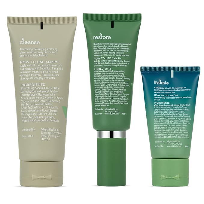 BioClarity 3-Step Essentials Skin Routine, for Normal & Oily Skin Types, Cleanse Restore Hydrate, Gentle Clean Face Care, 100% Clean Vegan Ingredients, Mini Size
