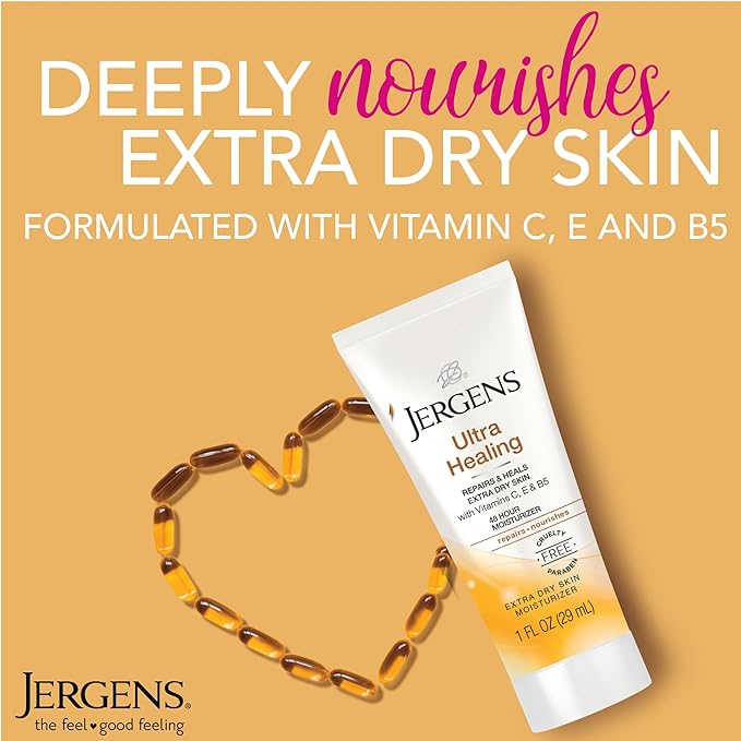 Jergens Ultra Healing Dry Skin Moisturizer, Travel Size Body and Hand Lotion, for Extra Dry Skin, Use After Washing Hands, HYDRALUCENCE blend, Vitamins C, E, B5, 1 Fl Oz (Pack of 24)